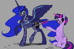 Size: 1280x853 | Tagged: safe, artist:silfoe, princess luna, twilight sparkle, alicorn, pony, lunadoodle, anatomy, clothes, concave belly, costume, female, glasses, height difference, magic, mare, open mouth, physique difference, raised hoof, raised leg, reference, sitting, skeleton, skeleton costume, slim, spread wings, teacher, telekinesis, thin, twilight sparkle (alicorn)