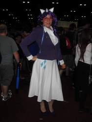 Size: 2448x3264 | Tagged: safe, artist:naturesrose, rarity, human, g4, 2014, clothes, convention, cosplay, glasses, high heels, high res, irl, irl human, measuring tape, megacon, photo, rarity's glasses, skirt, suit
