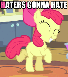 Size: 352x400 | Tagged: safe, screencap, apple bloom, earth pony, pony, g4, season 4, somepony to watch over me, adorabloom, animated, caption, cute, dancing, eyes closed, female, gif, gif with captions, grin, happy, haters gonna hate, prancing, smiling, solo