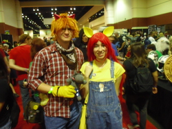 Size: 3264x2448 | Tagged: safe, artist:naturesrose, apple bloom, applejack, big macintosh, smarty pants, human, g4, 2013, appletini, clothes, convention, cosplay, gloves, high res, irl, irl human, megacon, overalls, photo