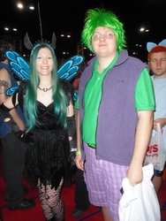 Size: 2448x3264 | Tagged: safe, artist:lilpinkkirby, artist:seikigahara, queen chrysalis, spike, human, g4, 2013, clothes, convention, cosplay, evening gloves, glasses, high res, irl, irl human, megacon, photo