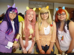 Size: 3264x2448 | Tagged: safe, applejack, fluttershy, rainbow dash, twilight sparkle, human, g4, animate! miami, convention, cosplay, glasses, high res, irl, irl human, photo