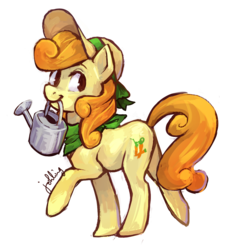Size: 880x955 | Tagged: safe, artist:johling, carrot top, golden harvest, earth pony, pony, g4, bandana, female, gardening, hat, mouth hold, simple background, solo, sun hat, transparent background, watering can