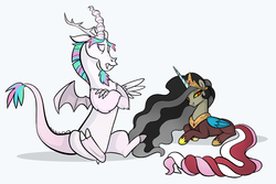 Size: 1090x728 | Tagged: dead source, safe, artist:mn27, discord, princess celestia, alicorn, draconequus, pony, g4, bedroom eyes, crossed arms, female, frown, grin, grumpy, mare, palette swap, personality swap, prone, sitting, smiling, species swap, unamused