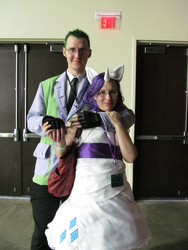 Size: 1536x2048 | Tagged: artist needed, safe, artist:tatooinegypsy, rarity, spike, human, g4, 2013, clothes, convention, cosplay, fingerless gloves, glasses, gloves, irl, irl human, magfest, necktie, photo