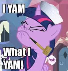 Size: 771x809 | Tagged: safe, edit, edited screencap, screencap, twilight sparkle, alicorn, pony, g4, twilight's kingdom, female, hub logo, image macro, mare, meme, pipe, popeye, sailor hat, solo, twilight sparkle (alicorn)