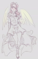 Size: 1248x1920 | Tagged: safe, artist:blueteardrop, fluttershy, human, g4, blushing, clothes, dress, female, humanized, solo, winged humanization