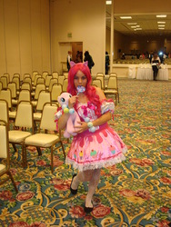 Size: 1944x2592 | Tagged: safe, artist:artomicmuffin, pinkie pie, human, g4, 2013, anime conji, clothes, cosplay, dress, irl, irl human, lolita fashion, lollipop, photo, plushie, solo