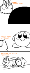 Size: 461x1121 | Tagged: safe, artist:aichi, fluffy pony, puffball, ball, comic, dialogue, fluffy pony original art, imminent vore, kirby, kirby (series), palindrome get, partial color