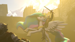 Size: 3840x2160 | Tagged: safe, artist:postal-code, princess celestia, human, undead, 3d, crossover, dark souls, epic, frown, glare, humans riding ponies, majestic, praise the sun, rearing, riding, solaire of astora, source filmmaker, spread wings, sword, the chosen undead, weapon