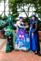 Size: 1365x2048 | Tagged: safe, artist:envy cosplay, artist:flying-fox, artist:frauleinninja, nightmare moon, princess luna, queen chrysalis, twilight sparkle, human, g4, 2014, book, clothes, convention, cosplay, dress, elements of harmony, evening gloves, gala dress, irl, irl human, katsucon, photo, twilight sparkle (alicorn)