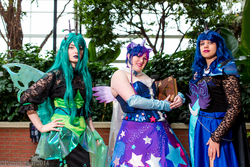 Size: 2048x1365 | Tagged: safe, artist:envy cosplay, artist:flying-fox, artist:frauleinninja, nightmare moon, princess luna, queen chrysalis, twilight sparkle, human, g4, 2014, book, clothes, convention, cosplay, dress, elements of harmony, evening gloves, gala dress, irl, irl human, katsucon, photo, twilight sparkle (alicorn)