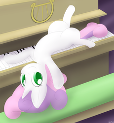 Size: 1844x2000 | Tagged: safe, artist:lamia, sweetie belle, pony, g4, cute, diasweetes, female, looking at you, musical instrument, on back, piano, relaxing, silly, smiling, solo, underhoof, upside down