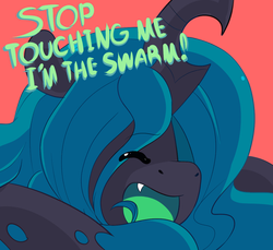 Size: 1111x1018 | Tagged: safe, artist:blacky-moon, queen chrysalis, changeling, changeling queen, g4, annoyed, blacky-moon is trying to murder us, cute, cutealis, eyes closed, fangs, female, i am the night, open mouth, simple background, solo, swarm