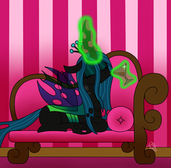 Size: 1329x1310 | Tagged: dead source, safe, artist:jay muniz, queen chrysalis, g4, couch, drinking, eyes closed, female, glass, magic, prone, solo, telekinesis