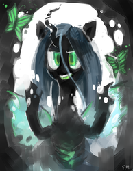 Size: 700x900 | Tagged: safe, artist:fuckinmonday, queen chrysalis, butterfly, changeling, changeling queen, g4, fangs, female, looking at you, open mouth, smiling, solo