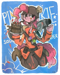Size: 800x1000 | Tagged: safe, artist:fuckinmonday, pinkie pie, earth pony, semi-anthro, g4, :p, cake, cupcake, female, frown, glare, hoof hold, kneeling, muffin, rocket jump, serious, soldier, soldier (tf2), solo, team fortress 2, the cake is a lie, tongue out, weapon