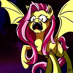 Size: 1800x1800 | Tagged: safe, artist:hairezz, fluttershy, bat pony, pony, g4, angry, fangs, female, flutterbat, looking at you, open mouth, race swap, raised hoof, solo, spread wings, wide eyes
