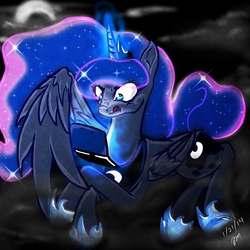 Size: 1800x1800 | Tagged: safe, artist:hairezz, princess luna, gamer luna, g4, 3ds, :p, :t, female, fog, glare, magic, prone, solo, telekinesis, tongue out, wide eyes, wing hands