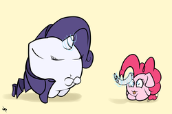 Size: 3000x2000 | Tagged: safe, artist:doggonepony, pinkie pie, rarity, pony, filli vanilli, g4, :3, :t, bad pony, bipedal, chubbie, derp, eyes closed, high res, hitting, magic, newspaper, rarity is a marshmallow, scene interpretation, smiling, telekinesis, tongue out