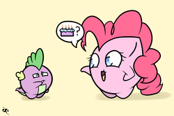 Size: 3000x2000 | Tagged: safe, artist:doggonepony, pinkie pie, spike, pony, g4, :t, bipedal, cake, chubbie, high res, open mouth, smiling