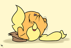 Size: 3000x2000 | Tagged: safe, artist:doggonepony, applejack, g4, :3, chubbie, cute, eyes closed, female, flailing, high res, jackabetes, laughing, on back, open mouth, smiling, solo