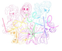 Size: 1280x1067 | Tagged: safe, artist:diapered-buns, applejack, fluttershy, pinkie pie, rainbow dash, rarity, twilight sparkle, alicorn, pony, g4, female, flying, frown, get, glare, grin, index get, looking at you, mane six, mare, rainbow power, raised hoof, sketch, smiling, spread wings, twilight sparkle (alicorn)