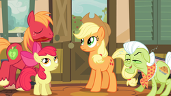 Size: 1920x1080 | Tagged: safe, screencap, apple bloom, applejack, big macintosh, granny smith, earth pony, pony, g4, my little pony: friendship is magic, pinkie apple pie, animation error, male, stallion