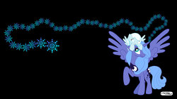 Size: 1024x576 | Tagged: safe, artist:agnessangel, princess luna, oc, oc:snowdrop, alicorn, pegasus, pony, g4, looking at each other, magic, pegasus oc, ponies riding ponies, pony hat, riding, s1 luna, simple, snowflake, vector, wallpaper, wings