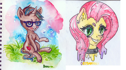 Size: 3000x1674 | Tagged: safe, artist:czbaterka, fluttershy, oc, g4, jelly, melting, sketch, traditional art, watercolor painting