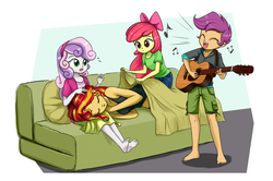 Size: 1397x926 | Tagged: safe, artist:twilite-sparkleplz, apple bloom, scootaloo, sunset shimmer, sweetie belle, equestria girls, g4, bad singing, barefoot, blanket, bow, clothes, couch, cute, cutie mark crusaders, eyes closed, feet, female, guitar, hair bow, head on lap, jacket, midriff, on side, open mouth, pillow, shimmerbetes, shirt, singing, sitting, skirt, sleeping, smiling, sweatdrop, tank top, twilite-sparkleplz is trying to murder us, yelling