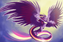 Size: 1425x950 | Tagged: safe, artist:pusspuss, twilight sparkle, anthro, unguligrade anthro, g4, twilight's kingdom, armpits, female, rainbow power, solo, twilight sparkle (alicorn)