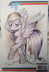 Size: 766x1136 | Tagged: safe, artist:andypriceart, rainbow dash, g4, bedroom eyes, clothes, commissioner:ajnrules, dress, female, gala dress, raised hoof, smiling, solo, spread wings, traditional art, wreath