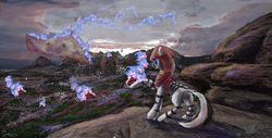 Size: 5952x3035 | Tagged: safe, artist:owlvortex, zecora, zebra, g4, cloak, clothes, hill, hood, magic, painting, scenery