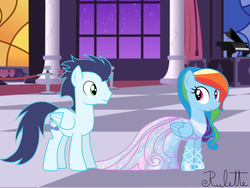 Size: 1024x768 | Tagged: safe, artist:rulette, rainbow dash, soarin', pegasus, pony, g4, female, male, mare, rainbow dash always dresses in style, ship:soarindash, shipping, stallion, straight