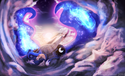 Size: 2000x1214 | Tagged: safe, artist:blindcoyote, princess luna, g4, cloud, cloudy, female, lying, moon, pillow, sleeping, solo, sun