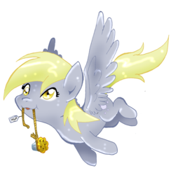 Size: 1289x1320 | Tagged: safe, artist:kristyd, derpy hooves, pegasus, pony, g4, chibi, female, flying, mare, mouth hold, muffin, solo
