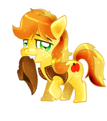 Size: 1091x1228 | Tagged: safe, artist:kristyd, braeburn, g4, chibi, cute, grin, looking at you, male, mouth hold, raised hoof, smiling, solo