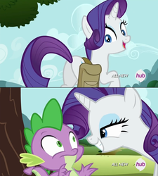 Size: 1043x1161 | Tagged: safe, screencap, rarity, spike, g4, faic, hub logo