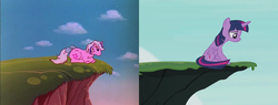 Size: 1416x540 | Tagged: safe, screencap, twilight, twilight sparkle, alicorn, pony, unicorn, g1, g4, rescue at midnight castle, twilight's kingdom, cliff, comparison, female, looking down, mare, twilight sparkle (alicorn)