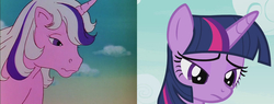 Size: 1416x540 | Tagged: safe, screencap, twilight, twilight sparkle, alicorn, pony, g1, g4, rescue at midnight castle, twilight's kingdom, bust, close-up, comparison, cropped, female, mare, portrait, twilight sparkle (alicorn)