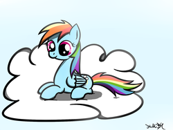 Size: 1600x1200 | Tagged: safe, artist:heavymetalbronyyeah, rainbow dash, pegasus, pony, g4, cloud, cute, dashabetes, female, lying down, mare, on a cloud, prone, smiling, solo