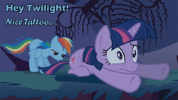 Size: 900x506 | Tagged: safe, edit, edited screencap, screencap, rainbow dash, twilight sparkle, friendship is magic, g4, caption, out of context