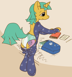 Size: 1054x1136 | Tagged: safe, artist:asdfasfasda, snails, pony, unicorn, g4, book, clothes, cute, diaper, footed sleeper, male, non-baby in diaper, pajamas, pencil, solo