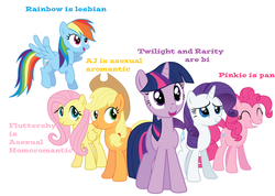 Size: 900x641 | Tagged: safe, applejack, fluttershy, pinkie pie, rainbow dash, rarity, twilight sparkle, pony, g4, aromantic, asexual, bilight sparkle, bisexual, diverse-mlp-headcanons, drama, female, headcanon, homoromantic, lesbian, lgbt headcanon, mane six, pansexual, sexuality headcanon