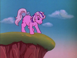 Size: 708x540 | Tagged: safe, screencap, twilight, g1, rescue at midnight castle, cliff, cloud, cloudy, cute, dream valley, female, frown, looking down, raised leg, solo, tail bow