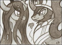 Size: 2244x1643 | Tagged: safe, artist:rossmaniteanzu, king sombra, queen chrysalis, changeling, changeling queen, pony, unicorn, g4, female, male, monochrome, ship:chrysombra, shipping, straight, traditional art, unholy matrimony