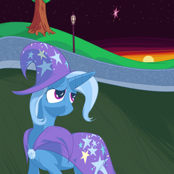 Size: 2880x2880 | Tagged: safe, artist:registered111, trixie, twilight sparkle, pony, unicorn, g4, female, high res, implied lesbian, implied shipping, implied twixie, lamppost, mare, sidewalk, solo, stars, sun, sunset, tree, wall