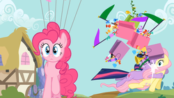 Size: 1365x768 | Tagged: safe, screencap, fluttershy, pinkie pie, twilight sparkle, g4, it's about time, balloon