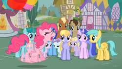 Size: 1365x768 | Tagged: safe, screencap, aura (g4), cloud kicker, dinky hooves, doctor whooves, liza doolots, meadow song, minuette, petunia, pinkie pie, sassaflash, sea swirl, seafoam, spring melody, sprinkle medley, sunshower raindrops, time turner, tootsie flute, earth pony, pegasus, pony, unicorn, g4, it's about time, season 2, balloon